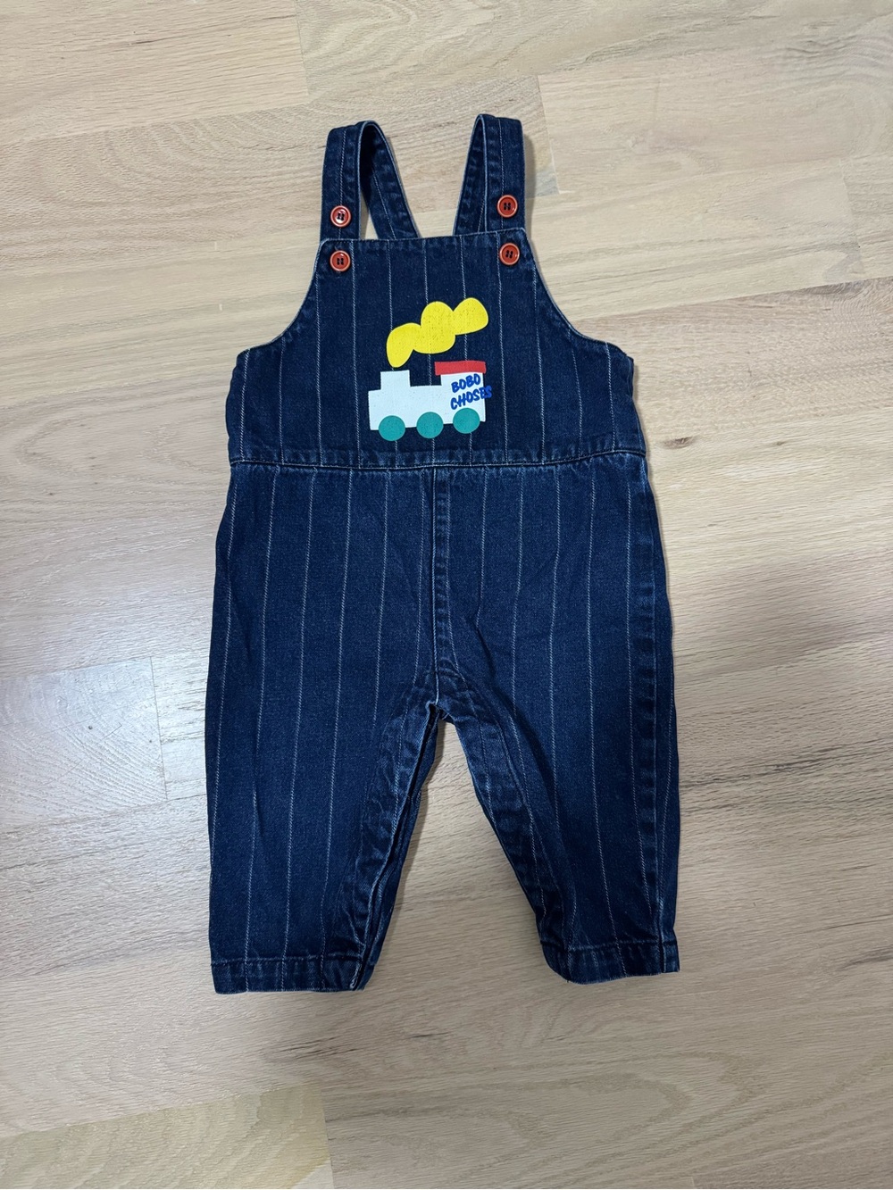 Bobo Choses Navy Pinstripe Overalls with Colorful Train Applique Size 12m